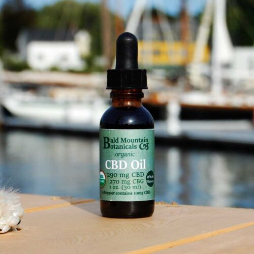 amber brown eyedropper bottle of organic CBD oil by a harbor